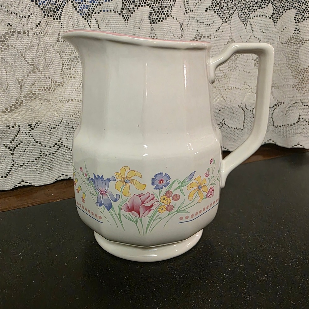 Sarma Studios Victorian Flowers Pitcher Pastel White Pink Floral Japan‎ Vintage